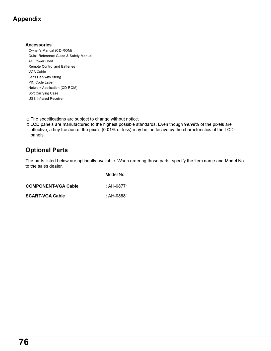 Eiki LC-XB200 owner manual Optional Parts, Accessories, Model No, COMPONENT-VGA Cable AH-98771 SCART-VGA Cable AH-98881 