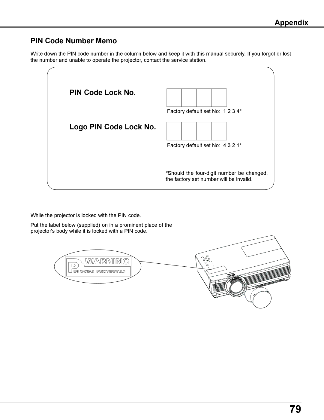 Eiki LC-XB200 owner manual Appendix PIN Code Number Memo, Logo PIN Code Lock No 