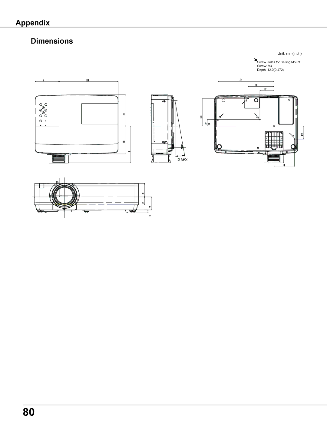 Eiki LC-XB200 owner manual Appendix Dimensions, Unit mminch 