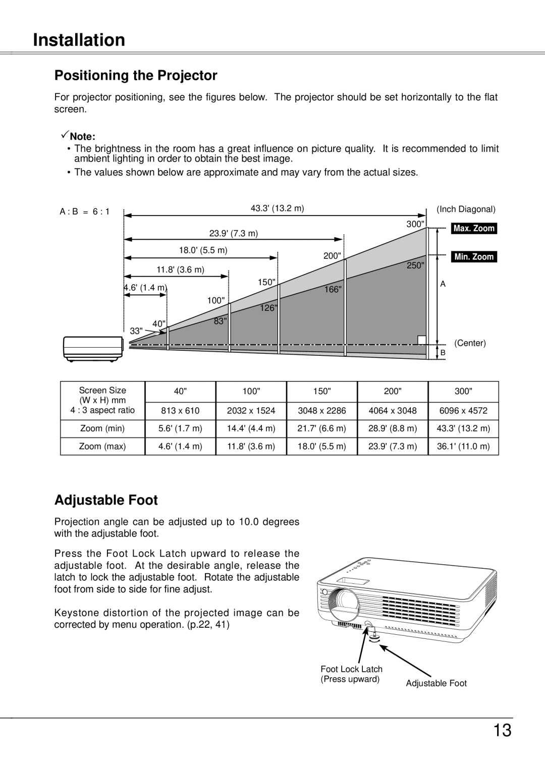 Eiki LC-XB21A owner manual Installation, Positioning the Projector, Adjustable Foot, Note 