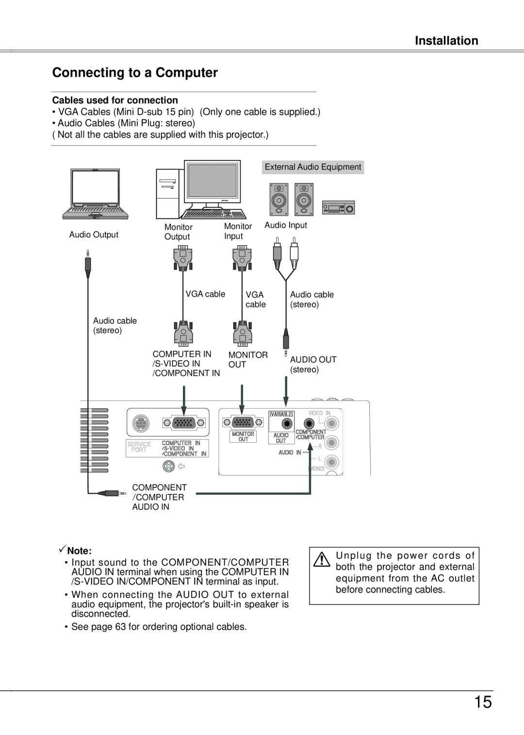 Eiki LC-XB21A owner manual Connecting to a Computer, Installation, Cables used for connection, Note 