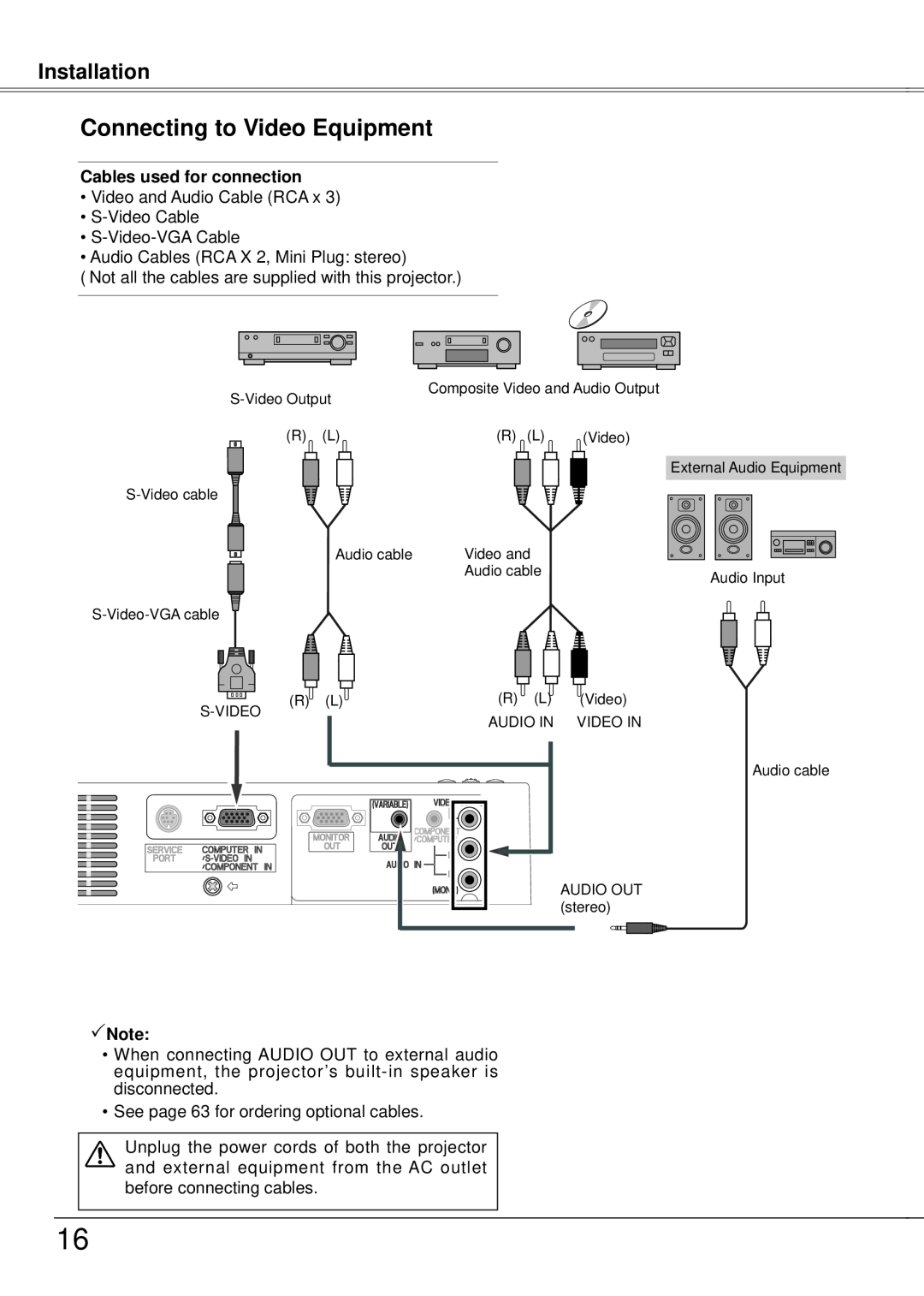 Eiki LC-XB21A owner manual Connecting to Video Equipment, Installation, Cables used for connection, Note 