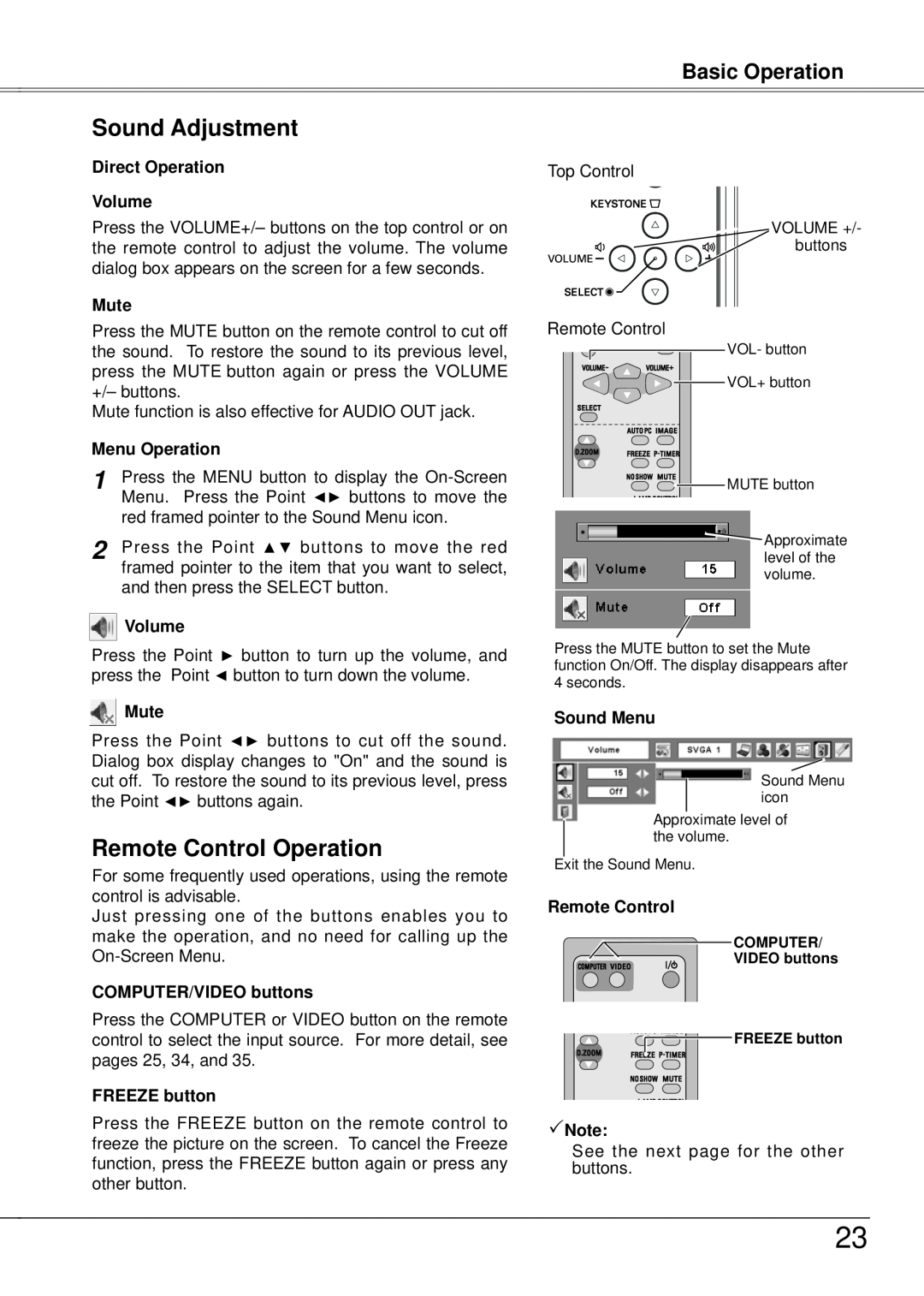 Eiki LC-XB21A Sound Adjustment, Remote Control Operation, Basic Operation, Direct Operation Volume, Mute, Menu Operation 