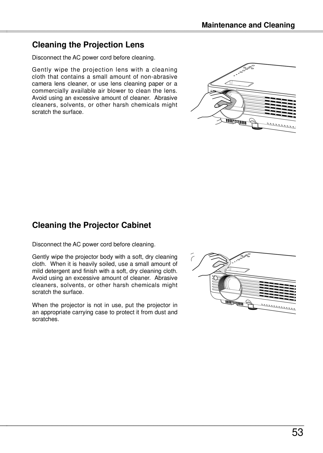 Eiki LC-XB21A owner manual Cleaning the Projection Lens, Cleaning the Projector Cabinet, Maintenance and Cleaning 