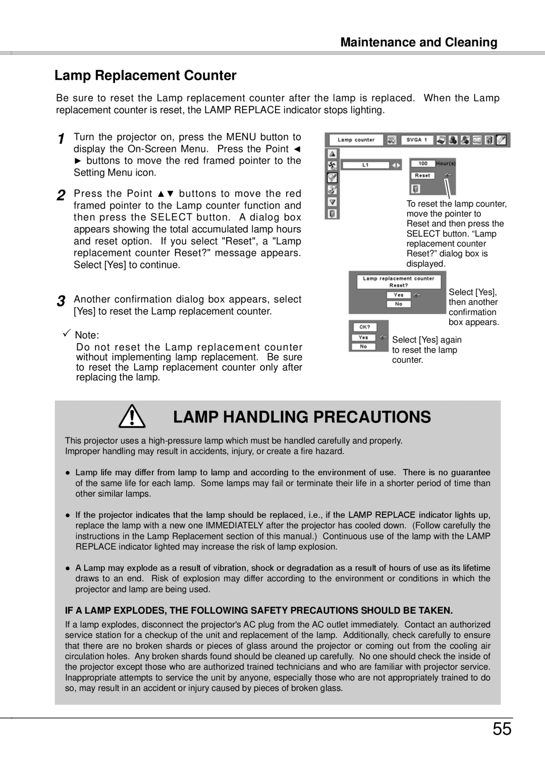 Eiki LC-XB21A owner manual Lamp Handling Precautions, Lamp Replacement Counter, Maintenance and Cleaning 