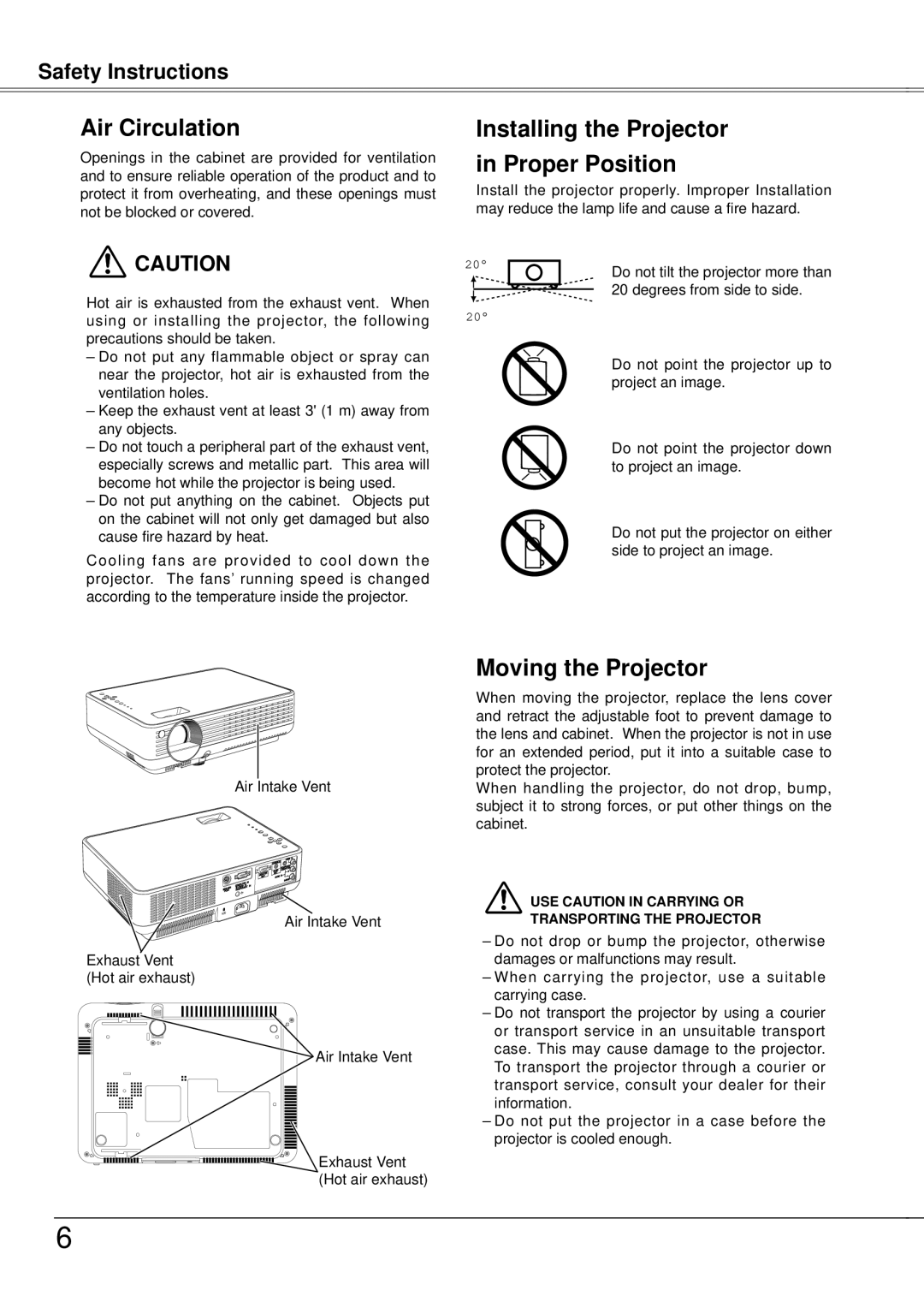 Eiki LC-XB21A Air Circulation, Installing the Projector in Proper Position, Moving the Projector, Safety Instructions 