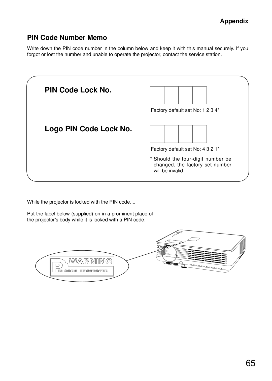 Eiki LC-XB21A owner manual PIN Code Number Memo, Logo PIN Code Lock No, Appendix 