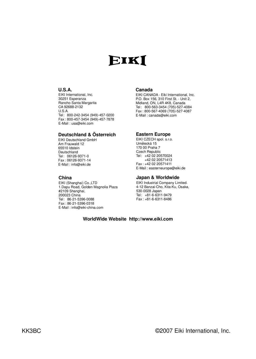 Eiki LC-XB21A owner manual KK3BC, Eiki International, Inc, U..S..A, Deutschland & Österreich, China, Canada, Eastern Europe 
