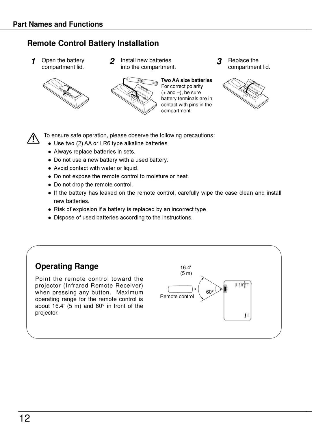 Eiki LC-XB21A owner manual Remote Control Battery Installation, Operating Range 