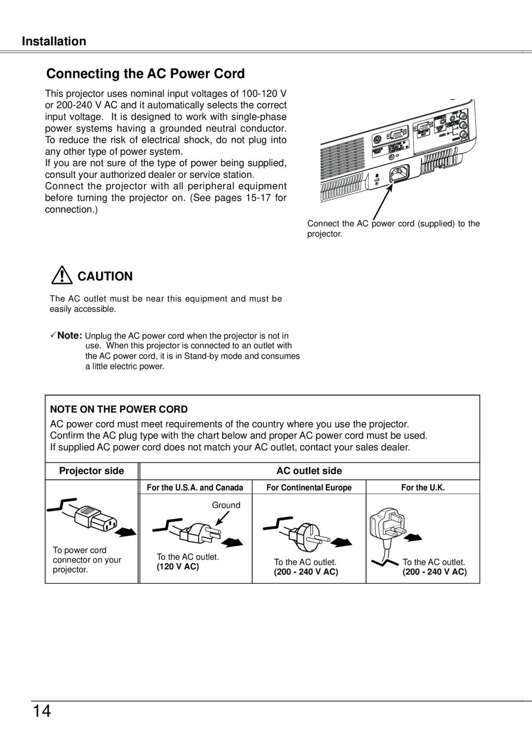 Eiki LC-XB21A owner manual Connecting the AC Power Cord, Projector side AC outlet side 