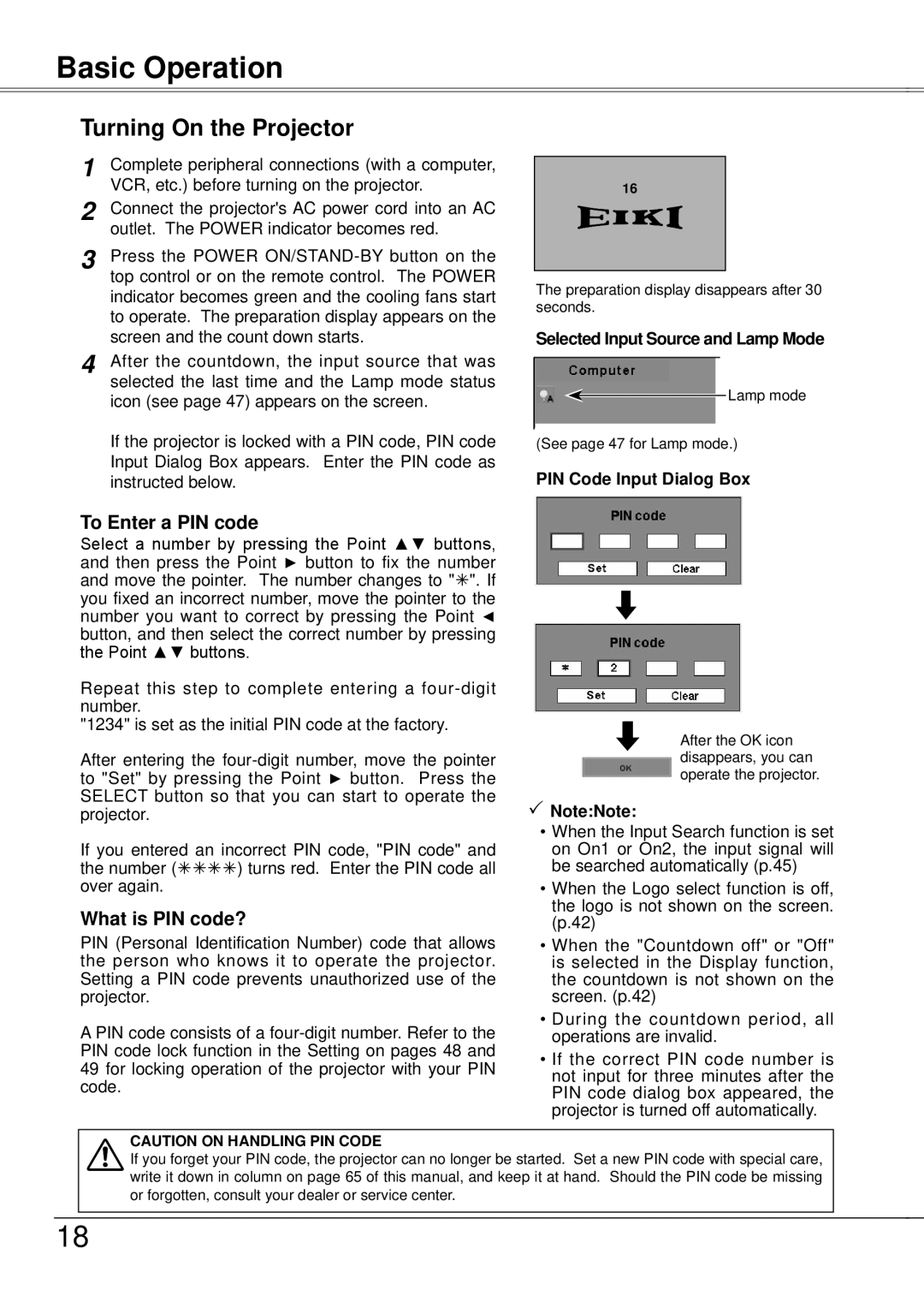 Eiki LC-XB21A Basic Operation, Turning On the Projector, Selected Input Source and Lamp Mode, PIN Code Input Dialog Box 