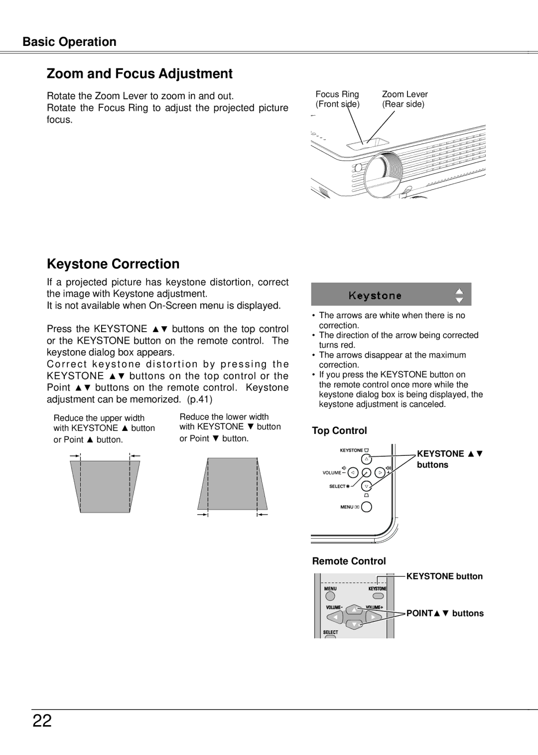 Eiki LC-XB21A owner manual Zoom and Focus Adjustment, Keystone Correction 