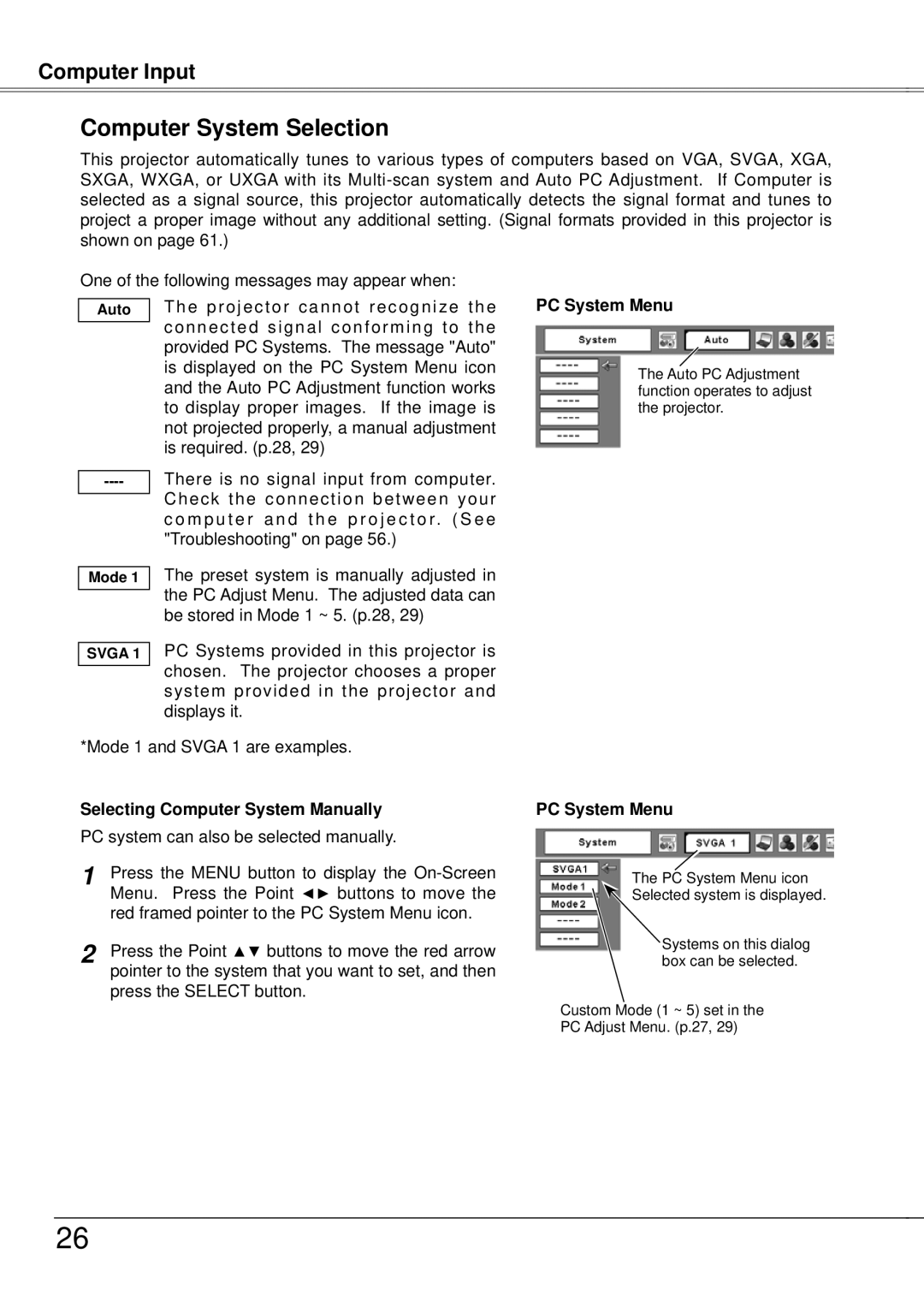 Eiki LC-XB21A owner manual Computer System Selection, Selecting Computer System Manually, PC System Menu 