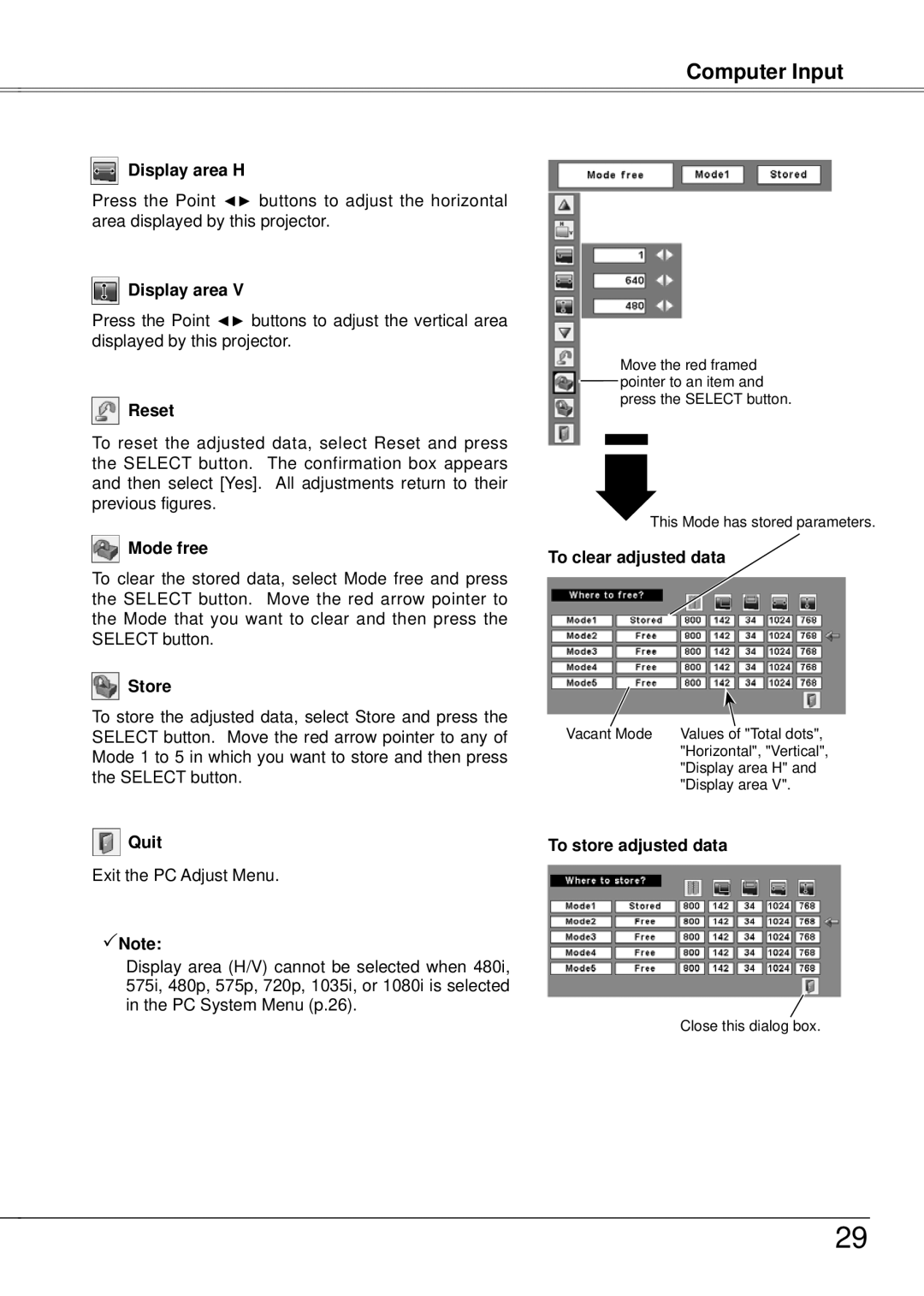 Eiki LC-XB21A owner manual Display area H, Reset, Mode free, Store, Quit, To clear adjusted data, To store adjusted data 