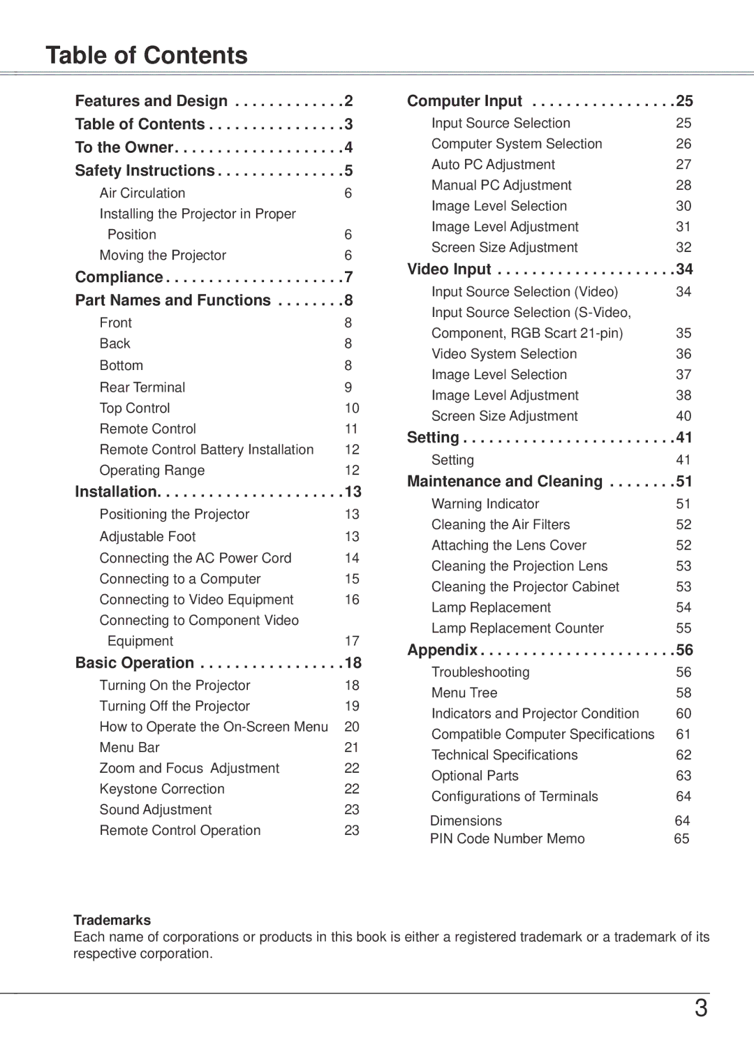 Eiki LC-XB21A owner manual Table of Contents 