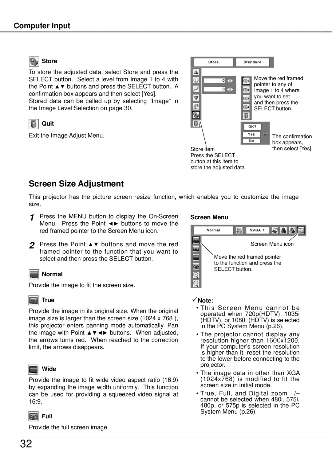 Eiki LC-XB21A owner manual Screen Size Adjustment, Normal, True, Wide, Full 