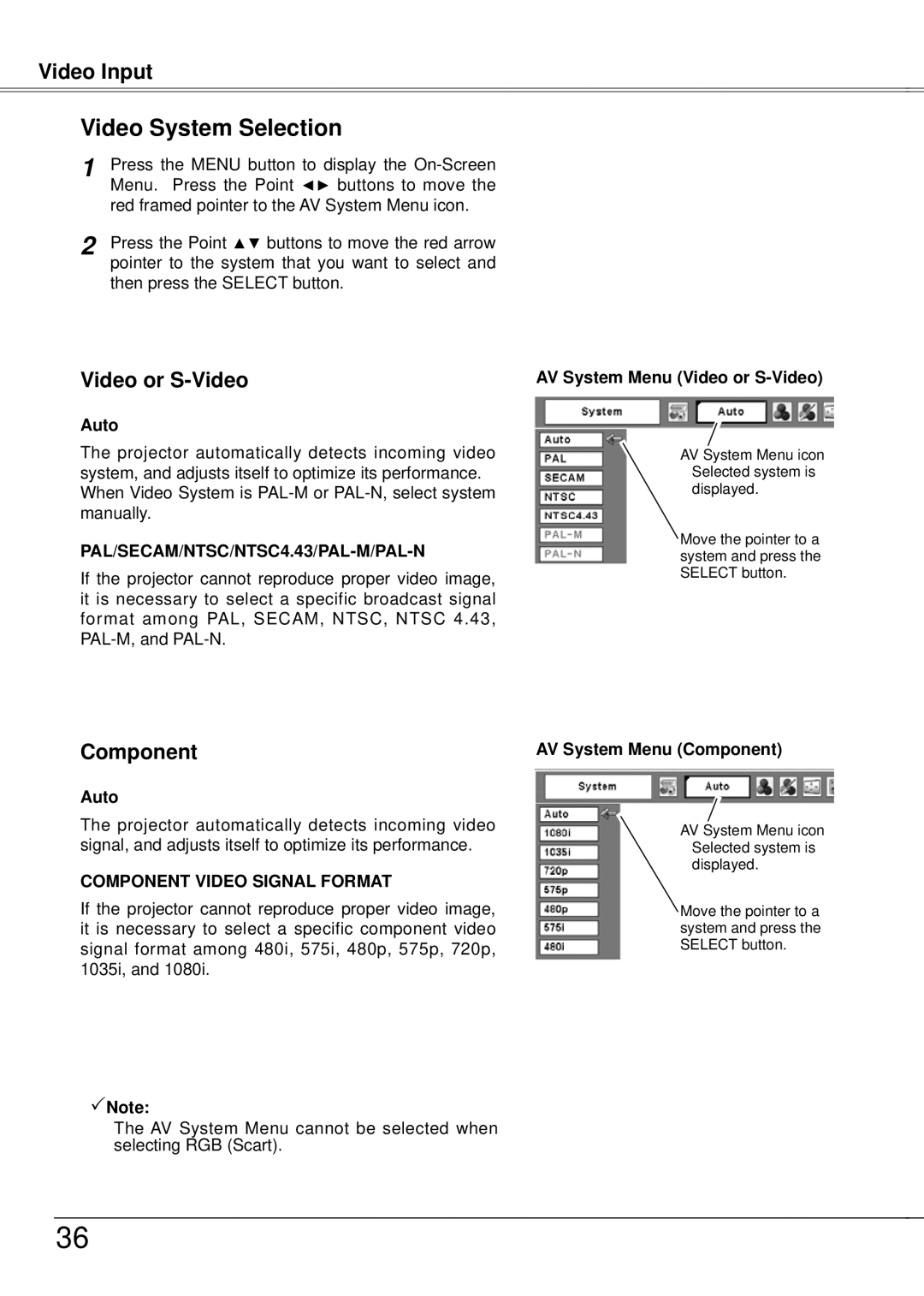 Eiki LC-XB21A owner manual Video System Selection, Auto, AV System Menu Video or S-Video, AV System Menu Component 