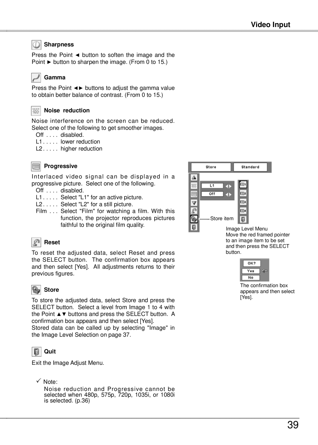 Eiki LC-XB21A owner manual Noise reduction, Progressive 