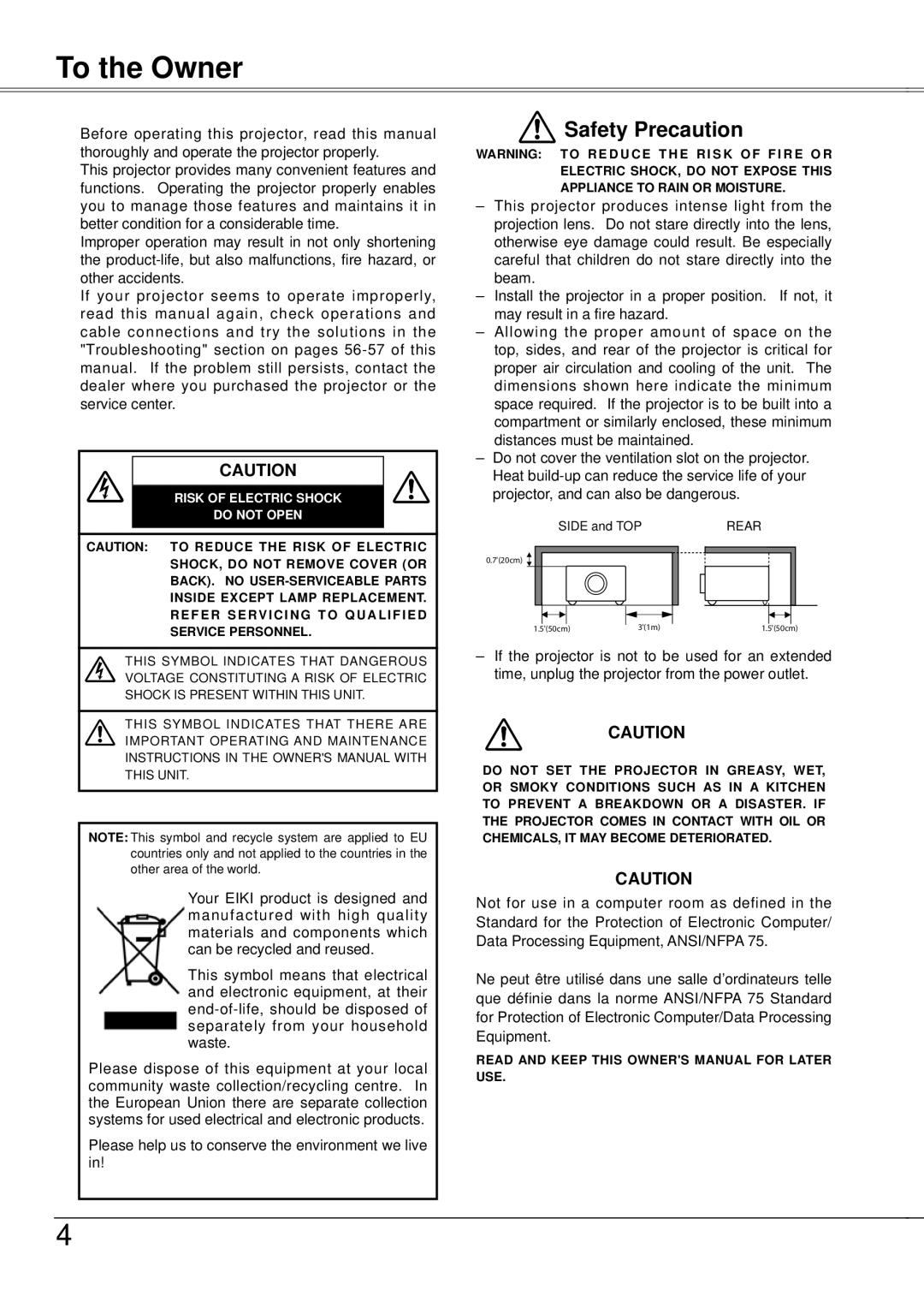 Eiki LC-XB21A owner manual To the Owner, Risk of Electric Shock Do not Open 