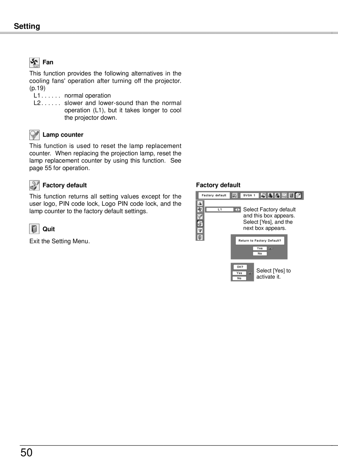 Eiki LC-XB21A owner manual Fan, Lamp counter, Factory default 