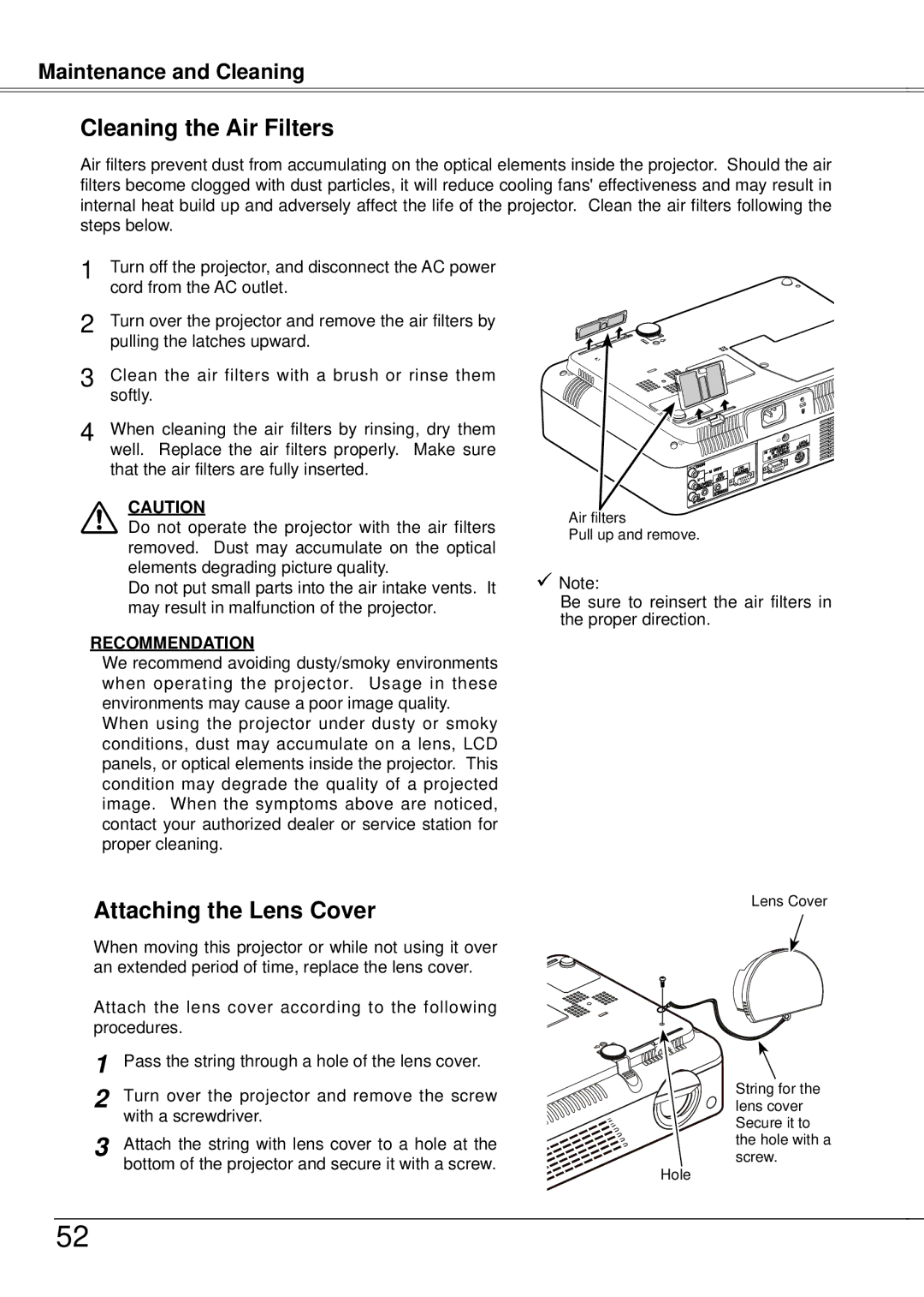 Eiki LC-XB21A owner manual Cleaning the Air Filters, Attaching the Lens Cover 