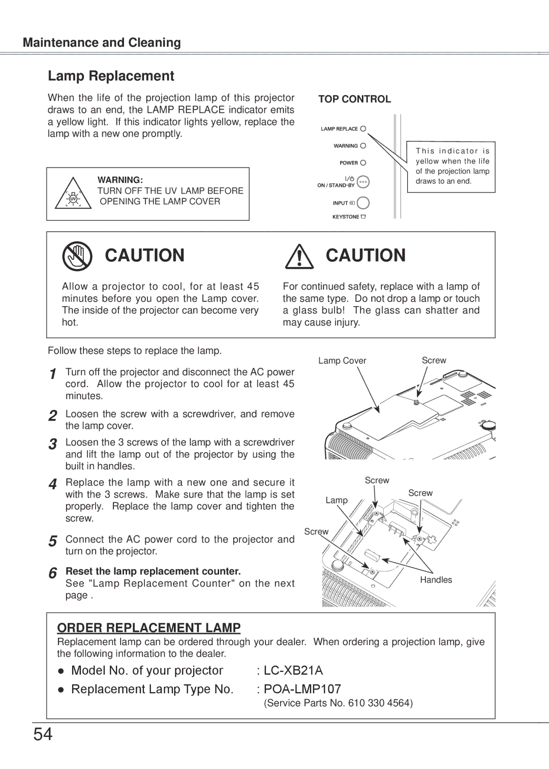 Eiki LC-XB21A owner manual Lamp Replacement, Reset the lamp replacement counter 