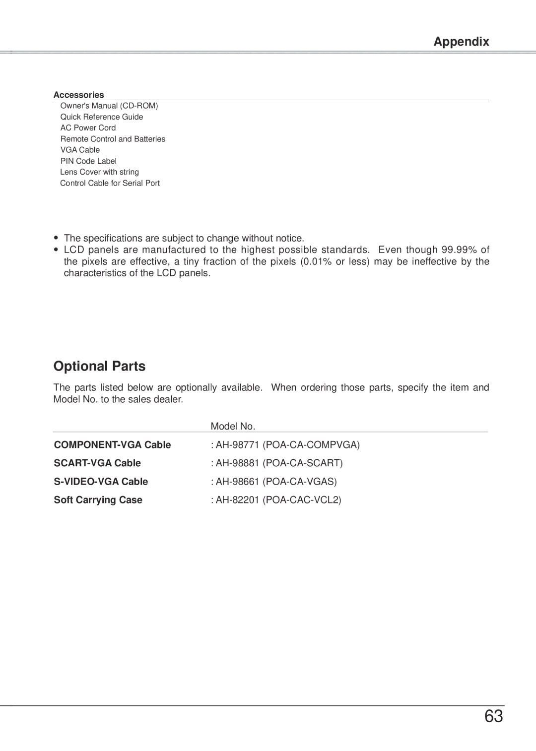 Eiki LC-XB21A owner manual Optional Parts, COMPONENT-VGA Cable, SCART-VGA Cable, VIDEO-VGA Cable, Soft Carrying Case 