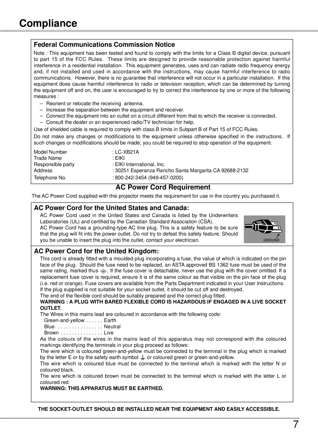 Eiki LC-XB21A owner manual Compliance, Federal Communications Commission Notice 