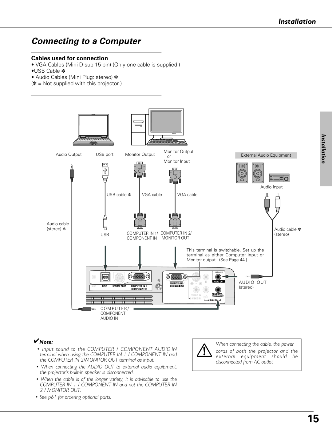 Eiki LC-XB23 owner manual Connecting to a Computer, Installation 