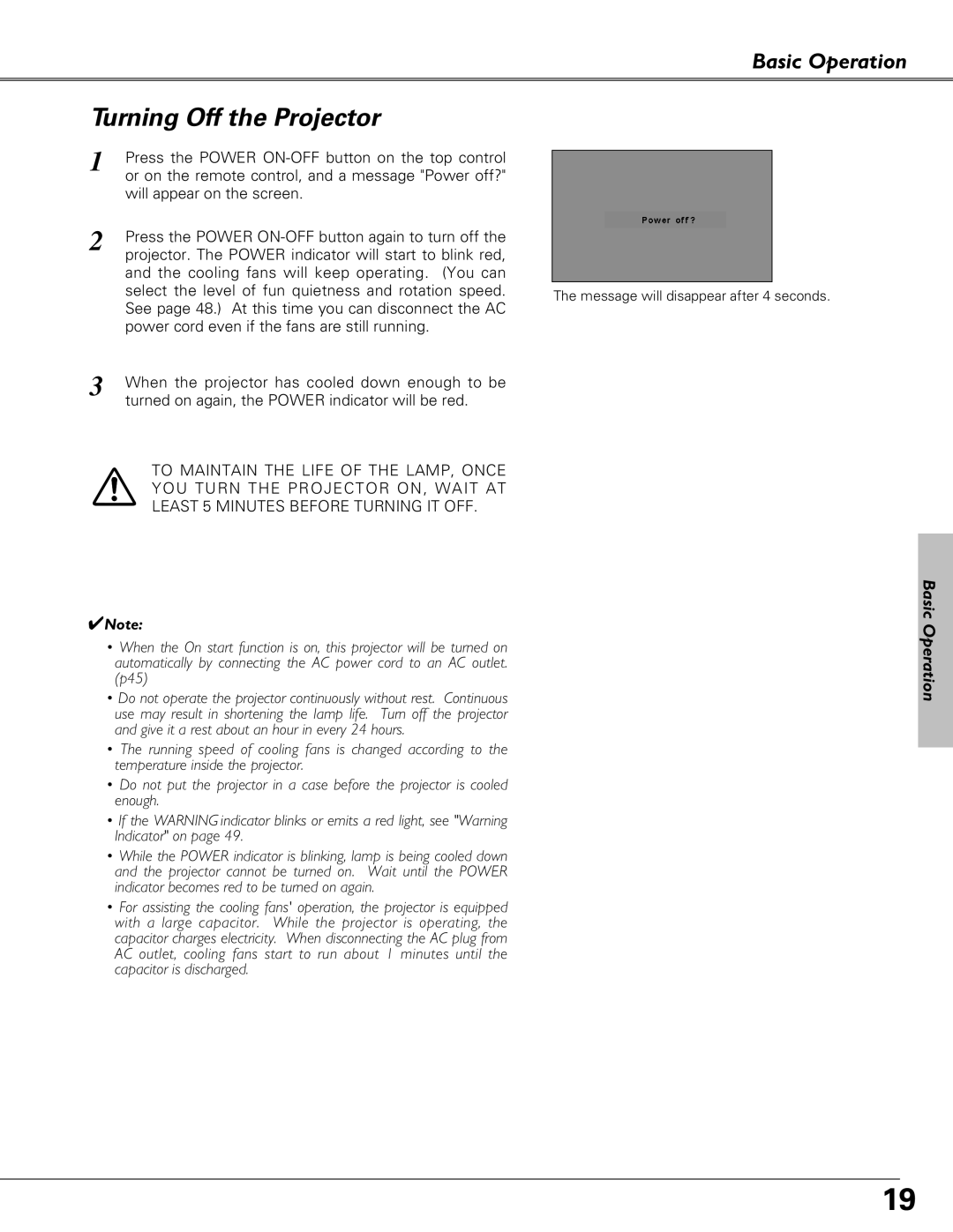 Eiki LC-XB23 owner manual Turning Off the Projector, Basic Operation 