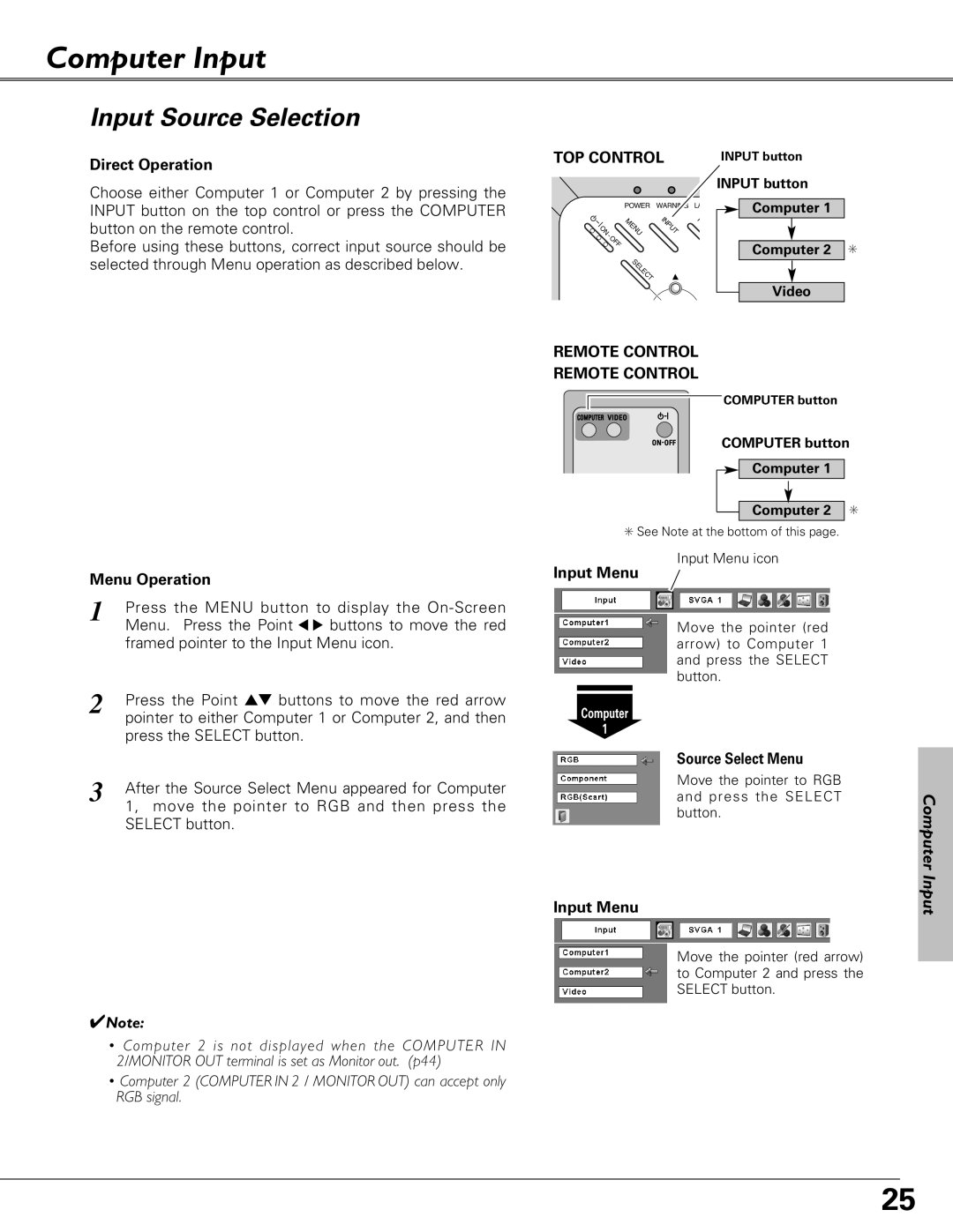 Eiki LC-XB23 owner manual Computer Input, Input Source Selection, Direct Operation, Top Control, Menu Operation, Input Menu 