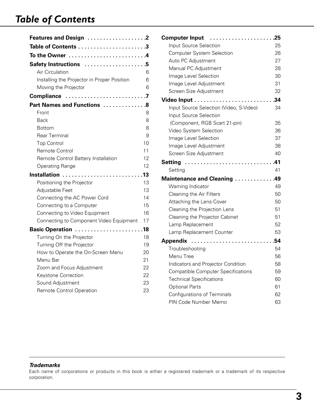 Eiki LC-XB23 owner manual Table of Contents, Trademarks 