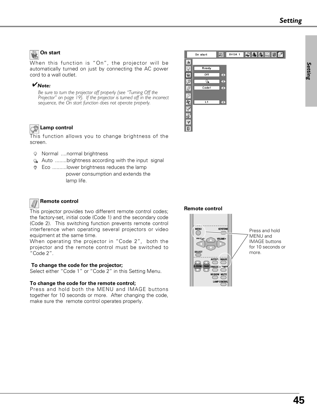 Eiki LC-XB23 owner manual Setting, On start, Lamp control, Remote control, To change the code for the projector 