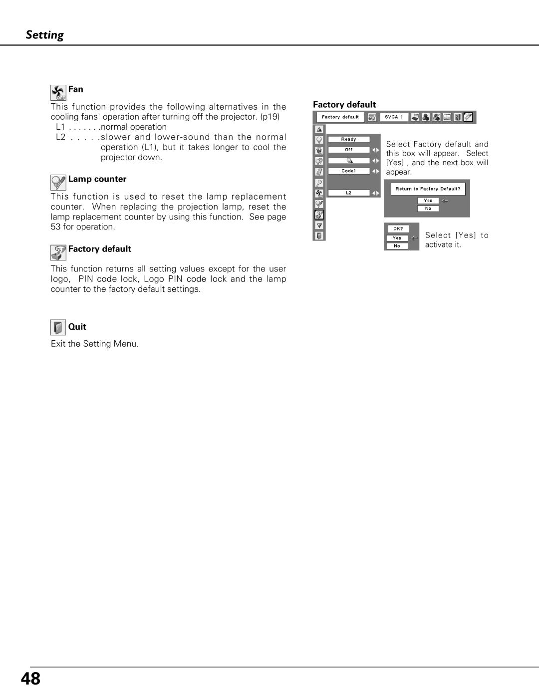 Eiki LC-XB23 owner manual Setting, Factory default, Lamp counter, Quit 