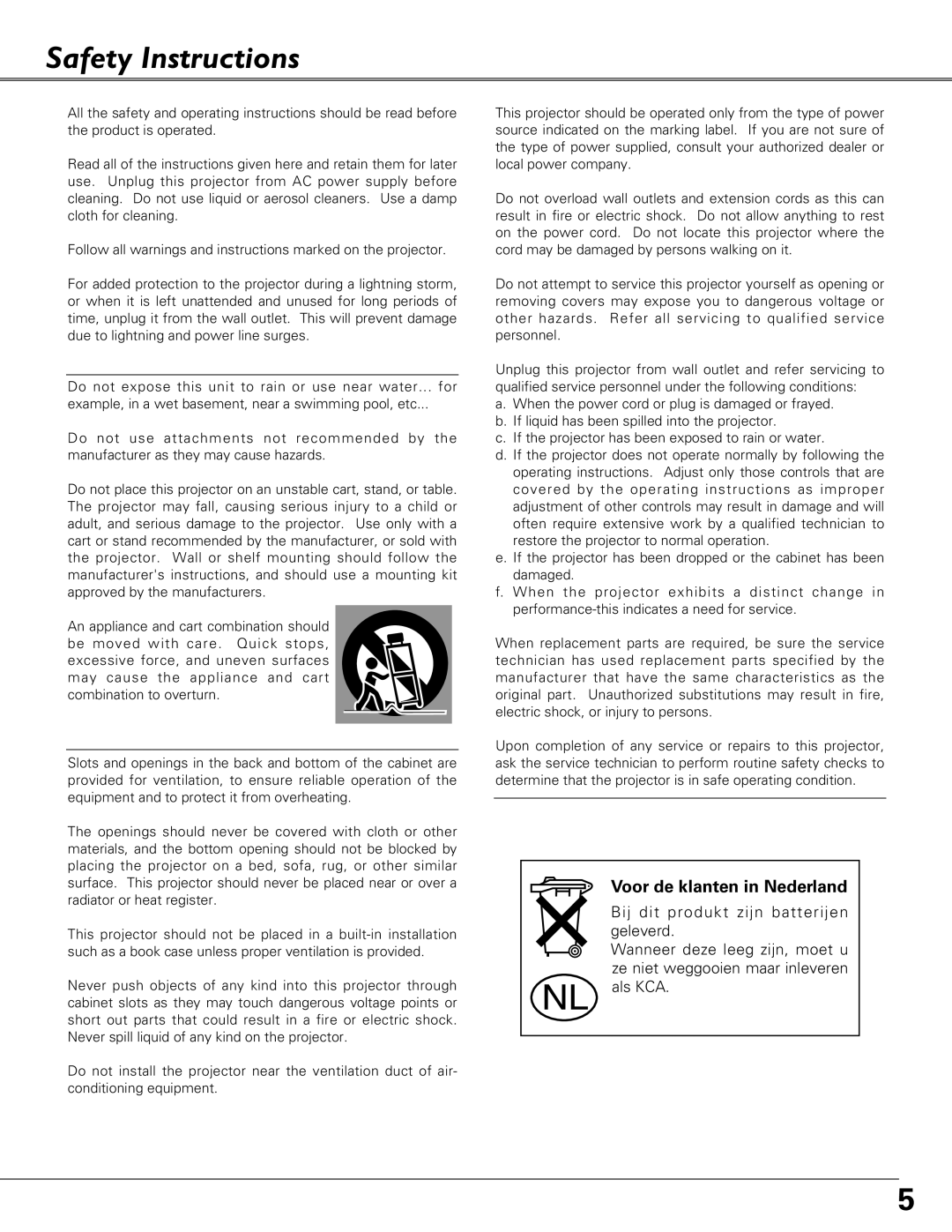 Eiki LC-XB23 owner manual Safety Instructions, Voor de klanten in Nederland 