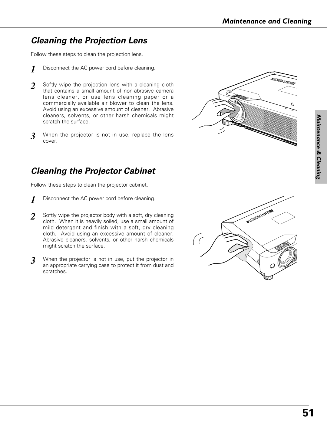 Eiki LC-XB23 owner manual Cleaning the Projection Lens, Cleaning the Projector Cabinet, Maintenance and Cleaning 
