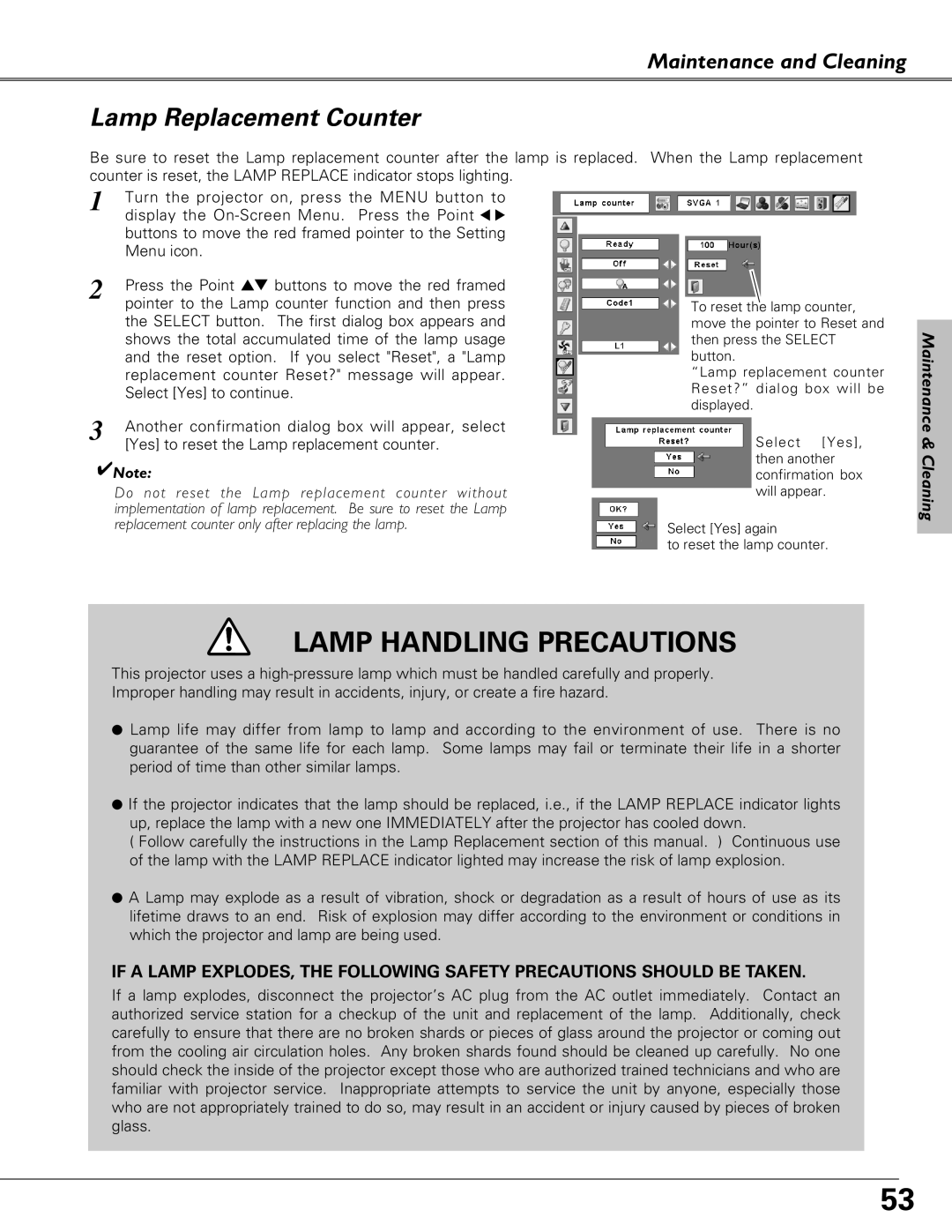 Eiki LC-XB23 Lamp Replacement Counter, Lamp Handling Precautions, Maintenance and Cleaning, Maintenance & Cleaning 