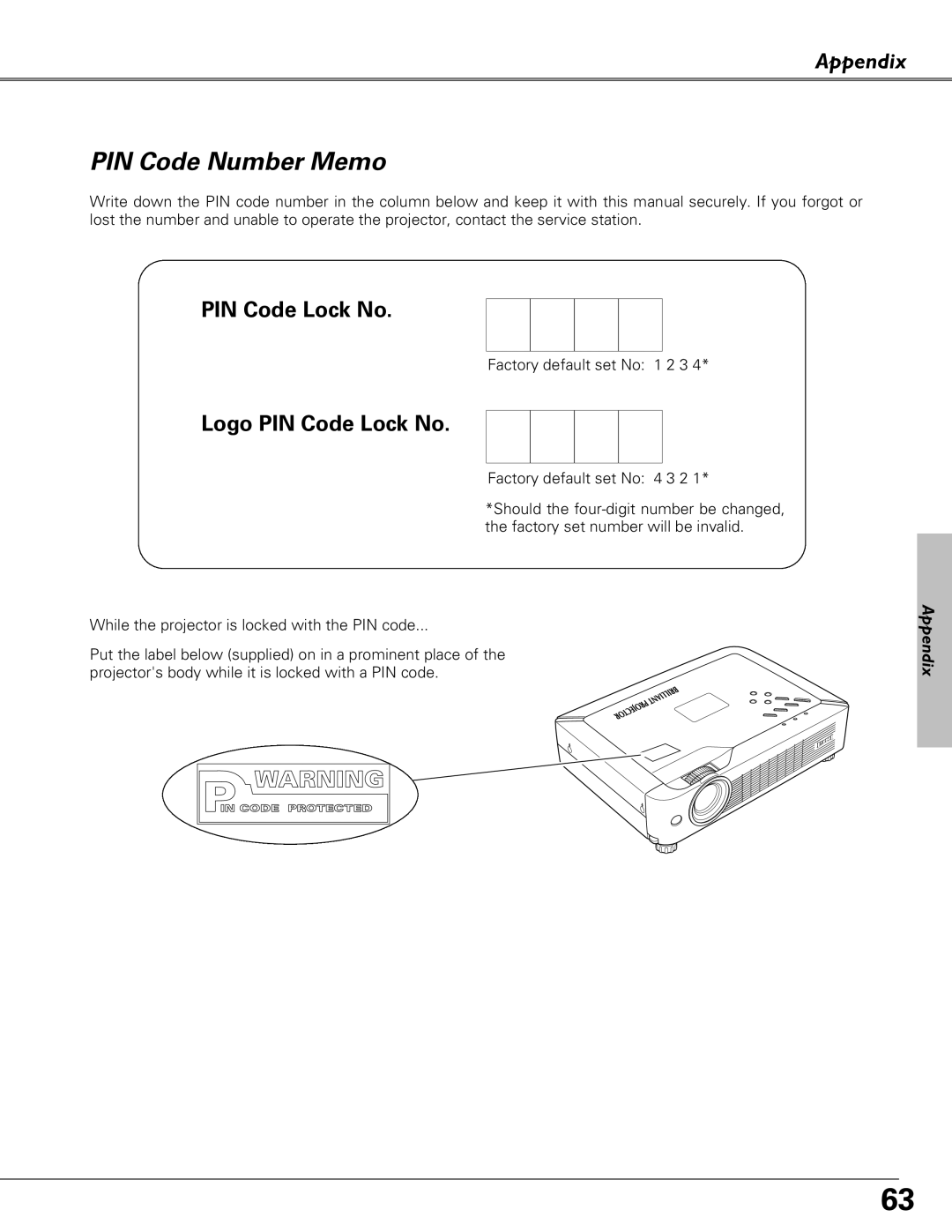 Eiki LC-XB23 owner manual PIN Code Number Memo, Logo PIN Code Lock No, Appendix 