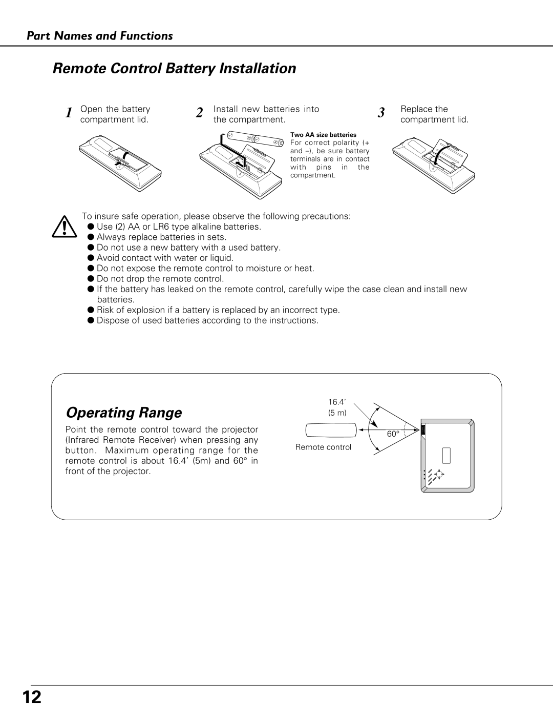 Eiki LC-XB23 owner manual Remote Control Battery Installation, Operating Range 