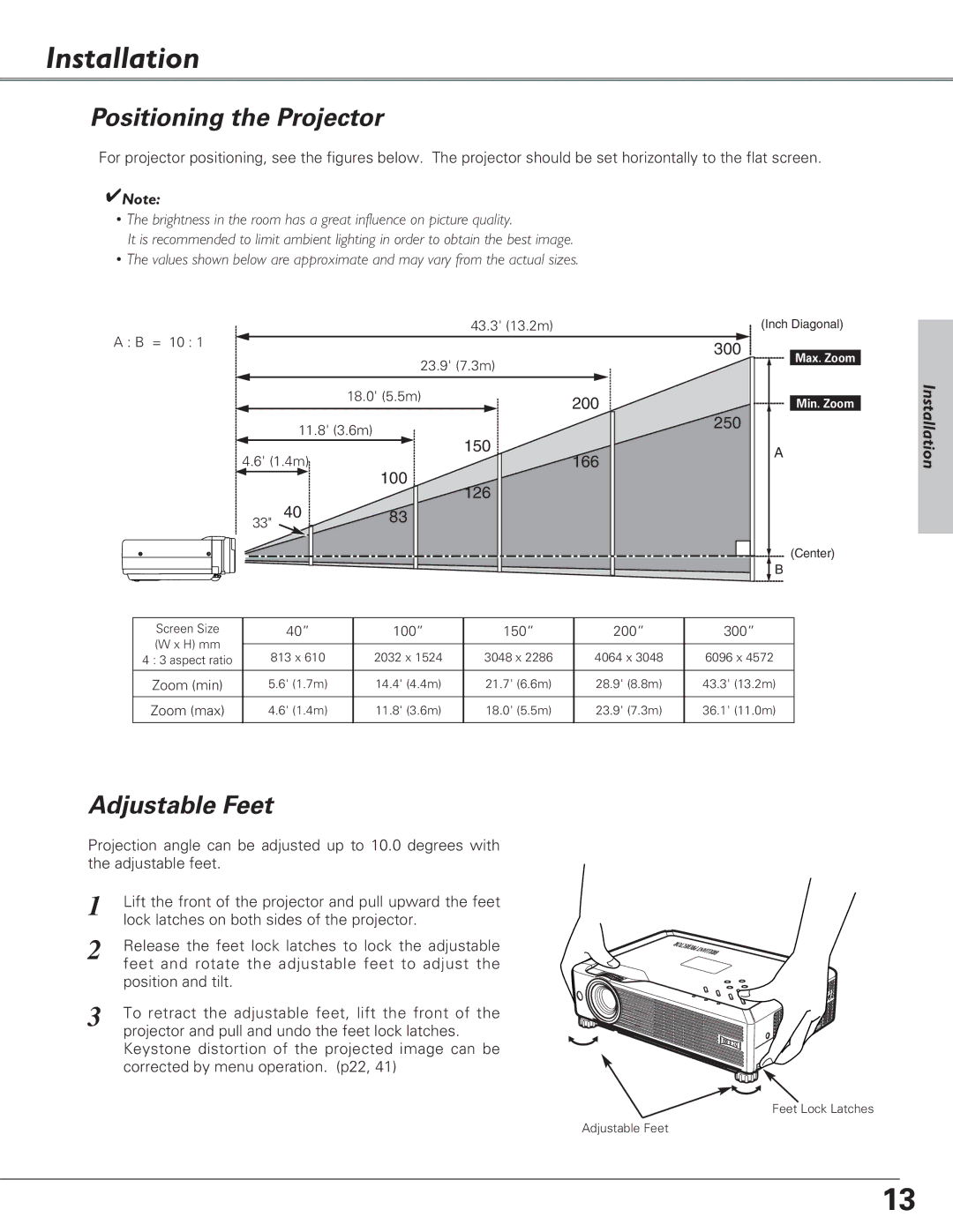 Eiki LC-XB23 owner manual Installation, Positioning the Projector, Adjustable Feet 