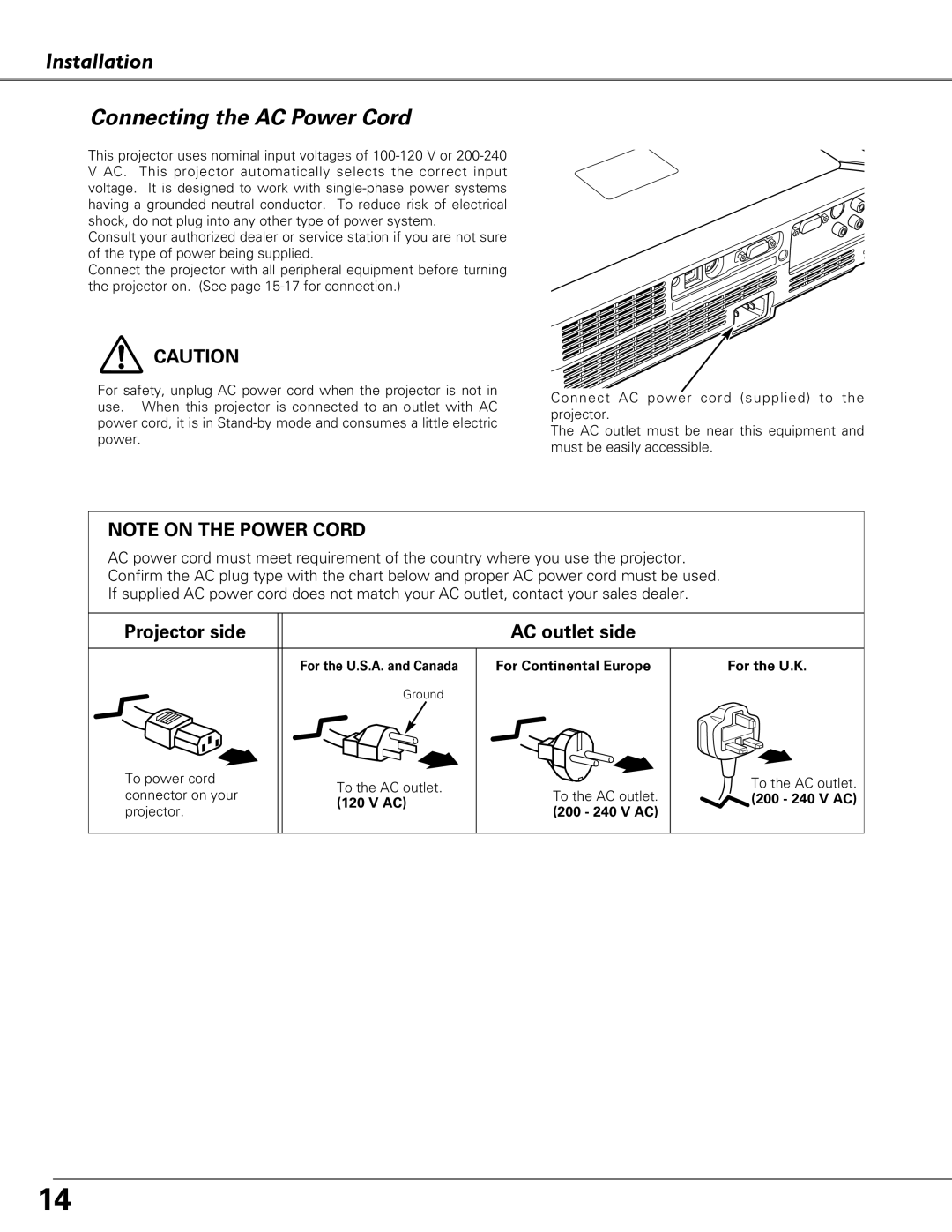 Eiki LC-XB23 owner manual Installation Connecting the AC Power Cord 