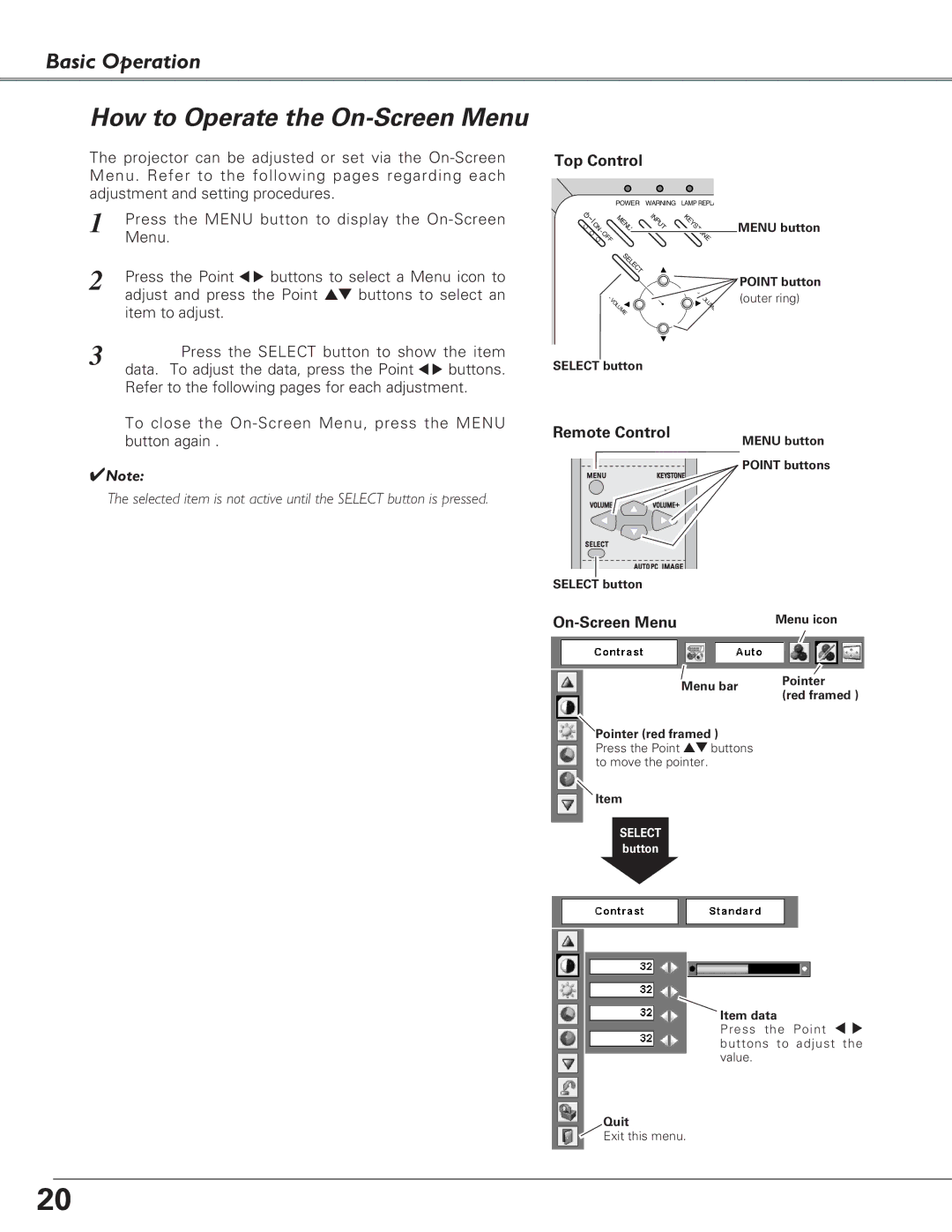 Eiki LC-XB23 owner manual How to Operate the On-Screen Menu, Top Control, Remote Control 