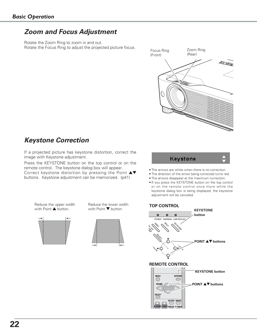 Eiki LC-XB23 owner manual Zoom and Focus Adjustment, Keystone Correction 