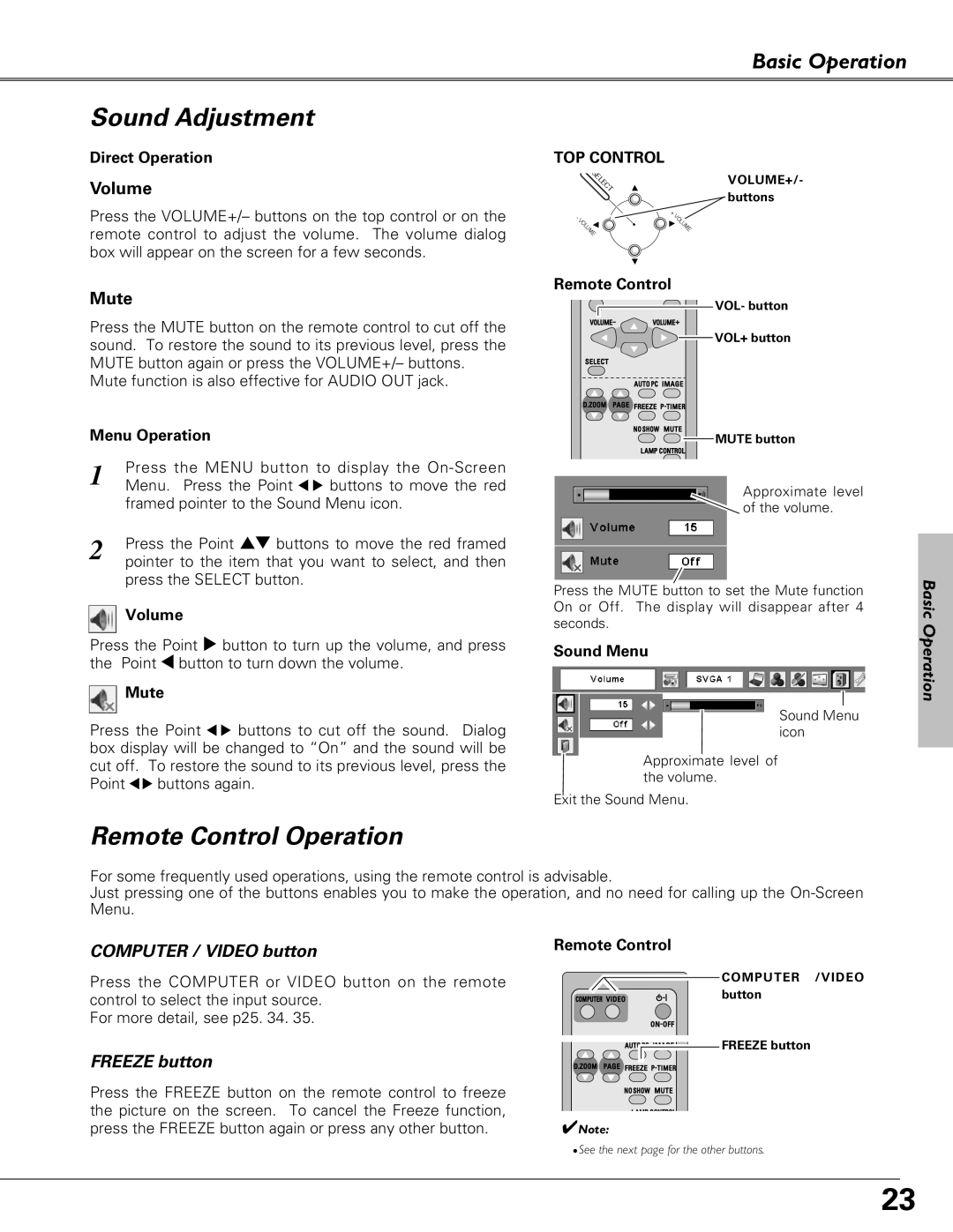 Eiki LC-XB23 owner manual Sound Adjustment, Remote Control Operation 