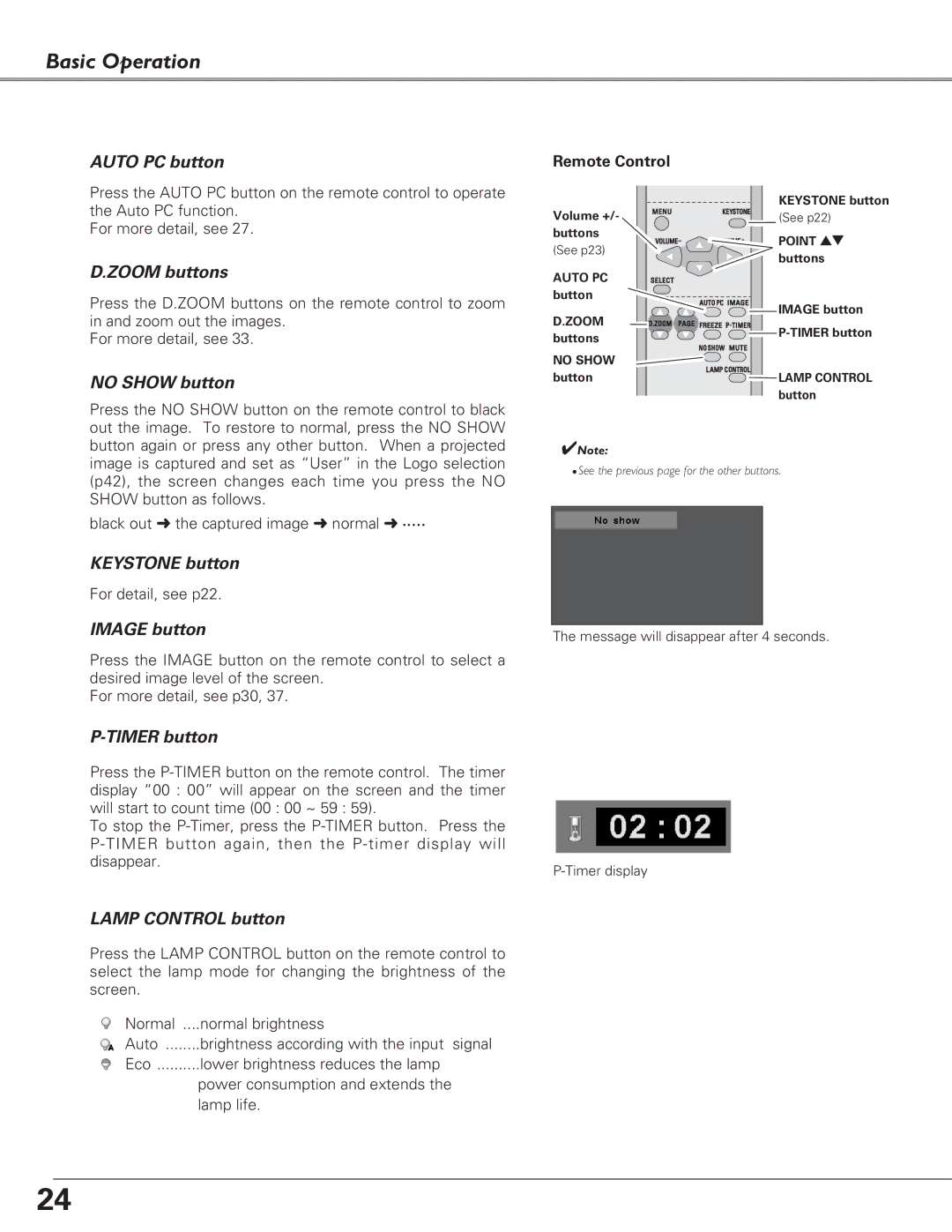 Eiki LC-XB23 owner manual Keystone button 