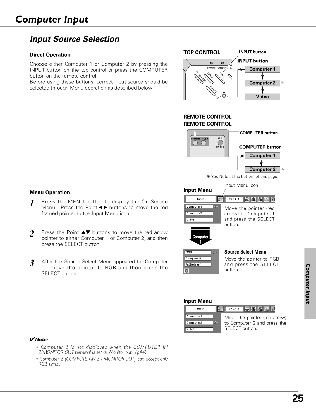 Eiki LC-XB23 owner manual Computer Input, Input Source Selection, Input Menu, Source Select Menu 