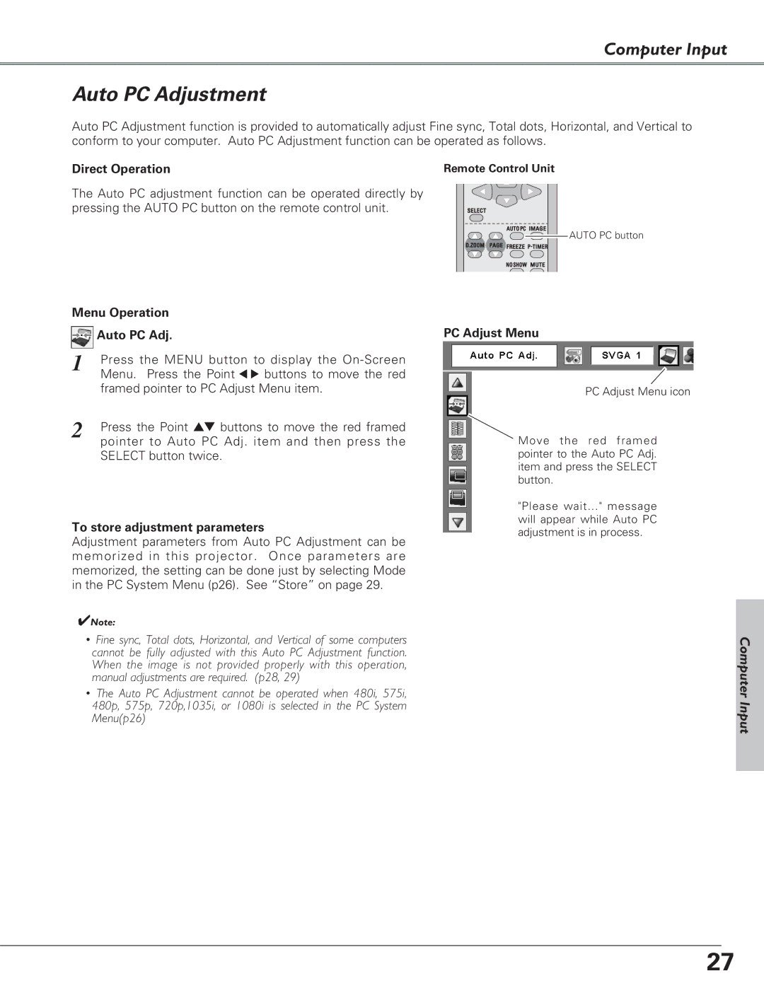 Eiki LC-XB23 owner manual Auto PC Adjustment, Menu Operation Auto PC Adj, To store adjustment parameters, PC Adjust Menu 