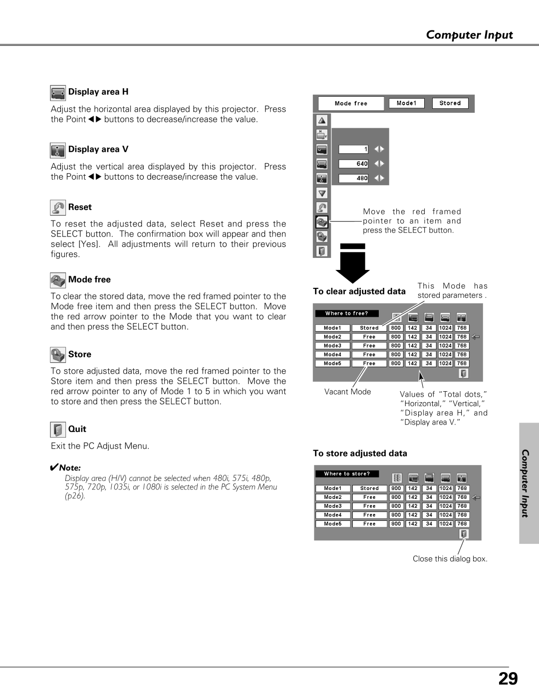 Eiki LC-XB23 owner manual Display area H, Reset, Mode free, Store, Quit, To clear adjusted data, To store adjusted data 