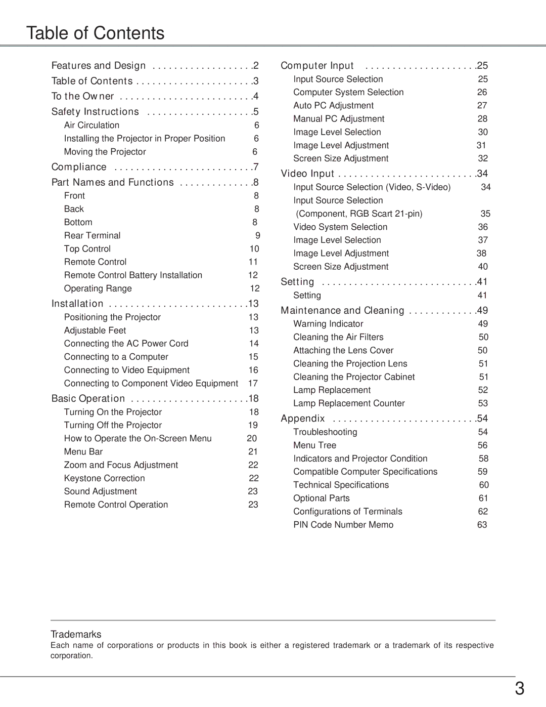 Eiki LC-XB23 owner manual Table of Contents 