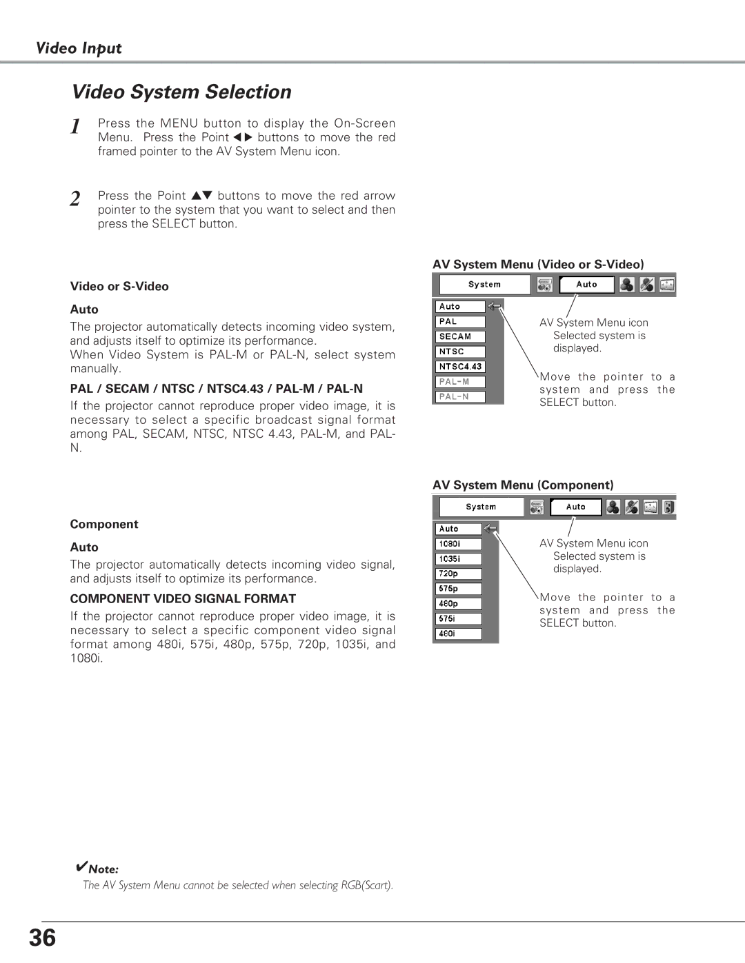 Eiki LC-XB23 owner manual Video System Selection, Video or S-Video Auto, Component Auto, AV System Menu Video or S-Video 